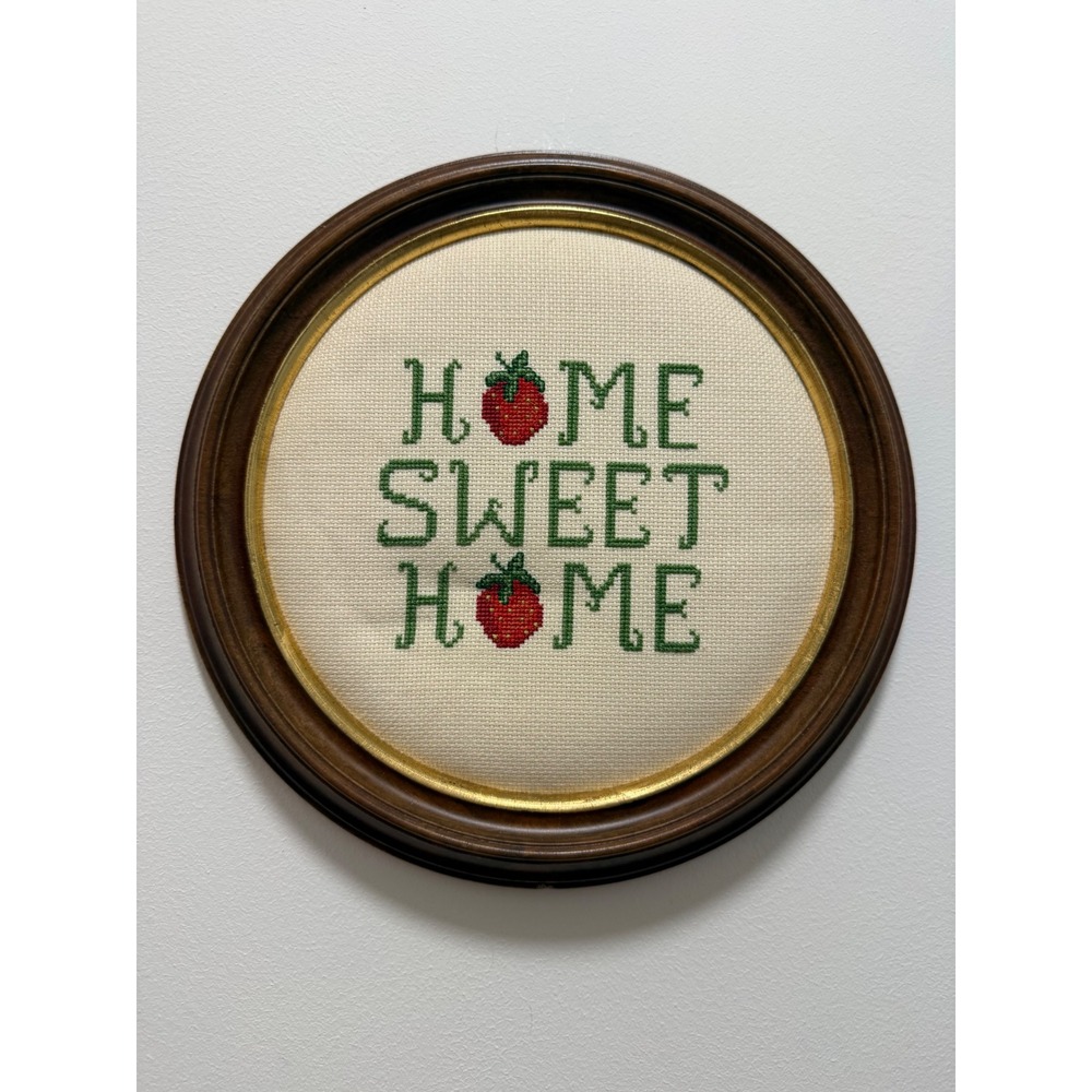 Handmade Cross Stitch Wall Art Cream Green Red Strawberry Cottagecore 8.5"